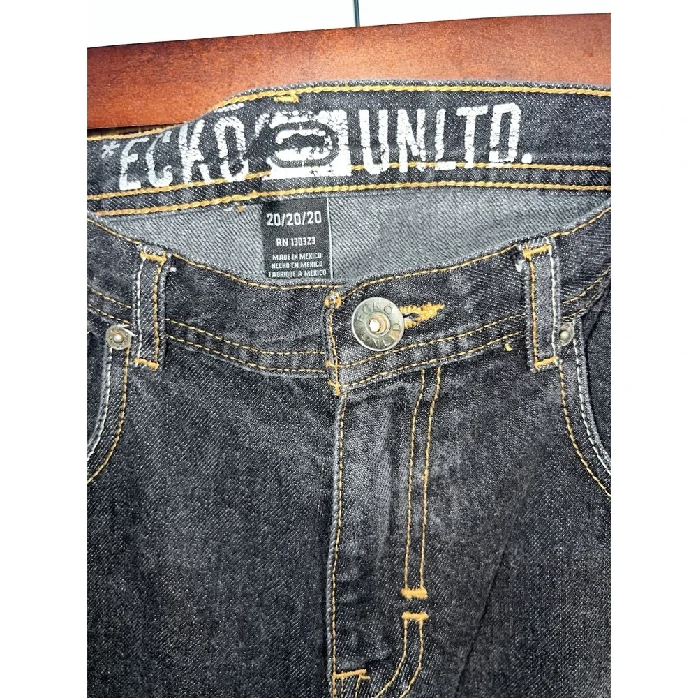 Ecko Unltd Vintage Y2K Black Baggy Skate Jeans 32x32 Embroidered Rhino Contrast
